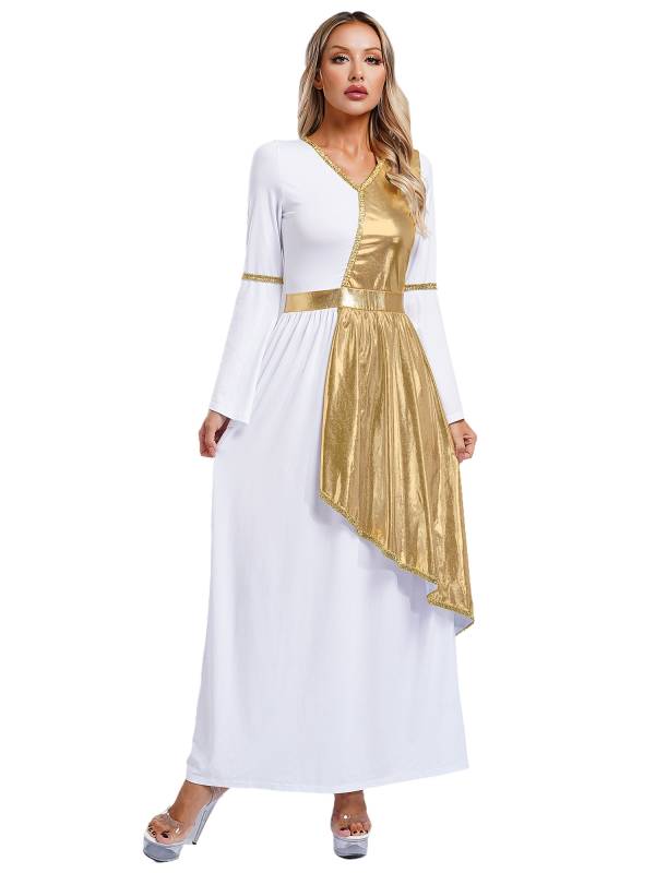 Women V Neck Flare Sleeve Metallic Overlay Roman Greek Toga Dress thumb