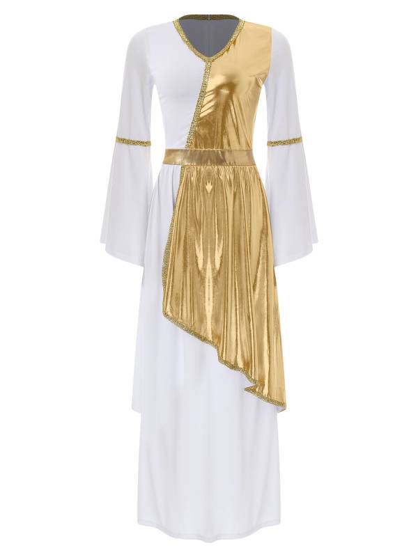 Women V Neck Flare Sleeve Metallic Overlay Roman Greek Toga Dress thumb