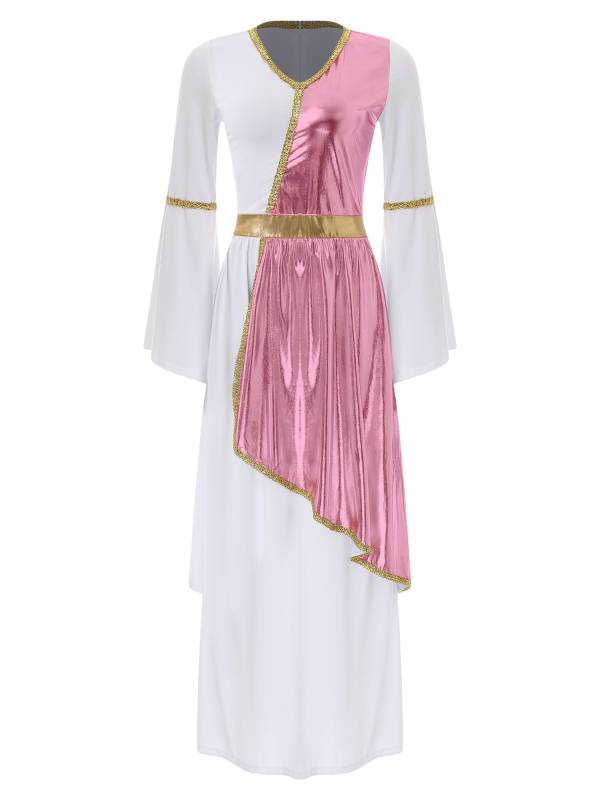 Women V Neck Flare Sleeve Metallic Overlay Roman Greek Toga Dress thumb