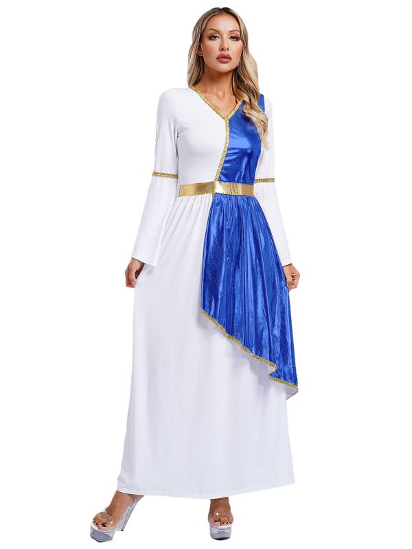 Women V Neck Flare Sleeve Metallic Overlay Roman Greek Toga Dress thumb