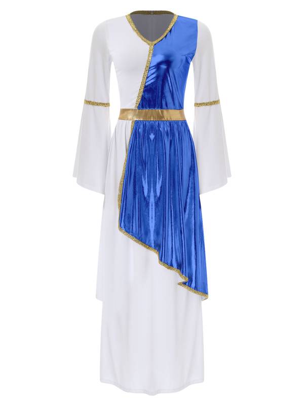 Women V Neck Flare Sleeve Metallic Overlay Roman Greek Toga Dress thumb