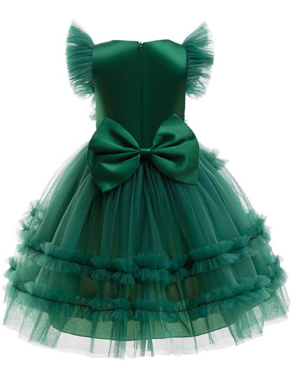 Kids Girls Christmas Flutter Sleeve Bow Knot Pompoms Mesh Tutu Dress thumb