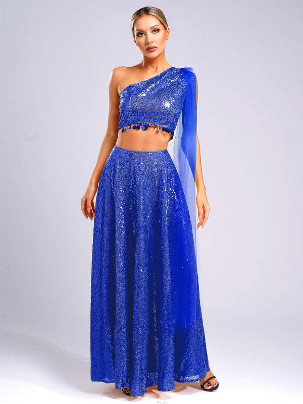 Women Sequin Sleeveless Crop Top and Maxi Skirt India Lehenga Party Gown thumb