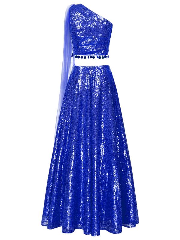 Women Sequin Sleeveless Crop Top and Maxi Skirt India Lehenga Party Gown thumb