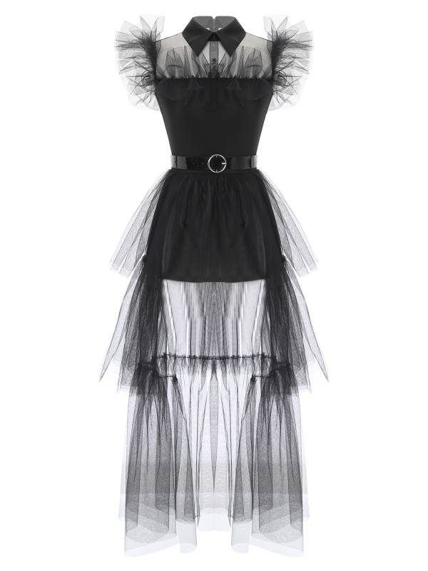 Women Lapel Flutter Sleeve Multi-layer Ruffled Tulle Tiered Dress with Belt thumb