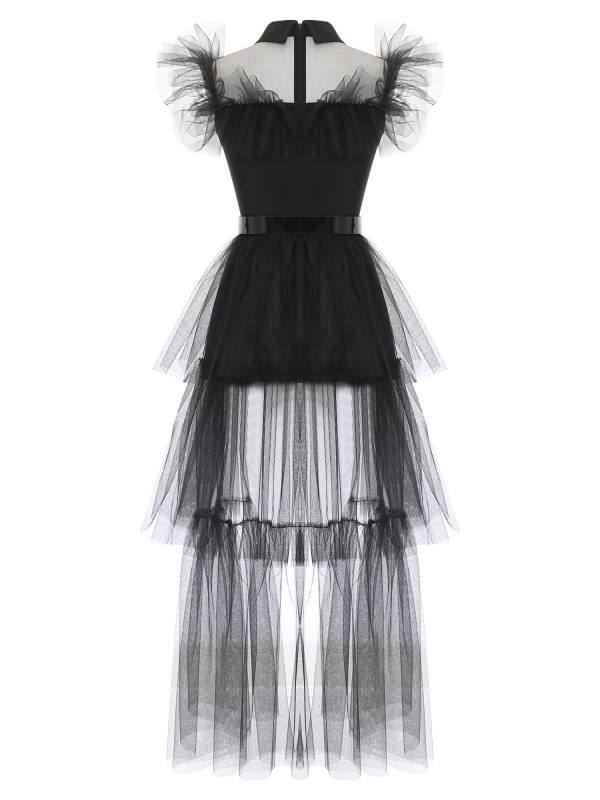 Women Lapel Flutter Sleeve Multi-layer Ruffled Tulle Tiered Dress with Belt thumb