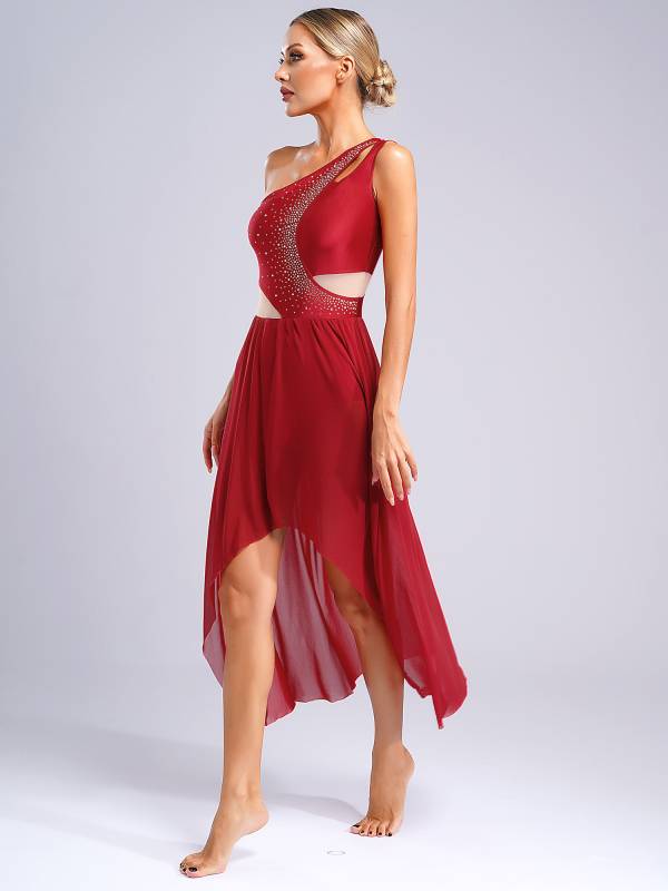 Women One Shoulder Sleeveless High-Low Flowy Mesh Lyrical Dance Dress thumb