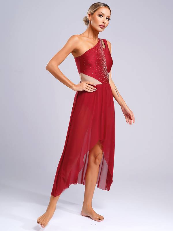 Women One Shoulder Sleeveless High-Low Flowy Mesh Lyrical Dance Dress thumb