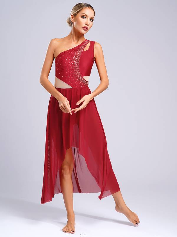 Women One Shoulder Sleeveless High-Low Flowy Mesh Lyrical Dance Dress thumb