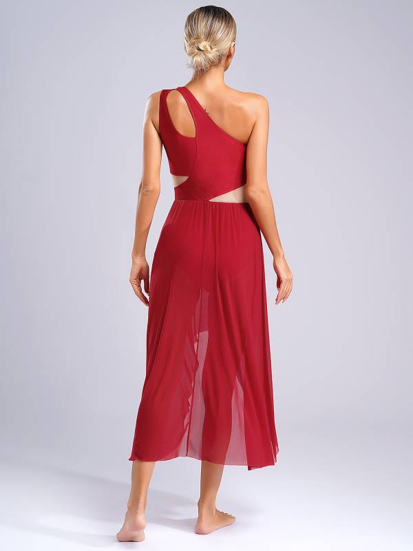 Women One Shoulder Sleeveless High-Low Flowy Mesh Lyrical Dance Dress thumb