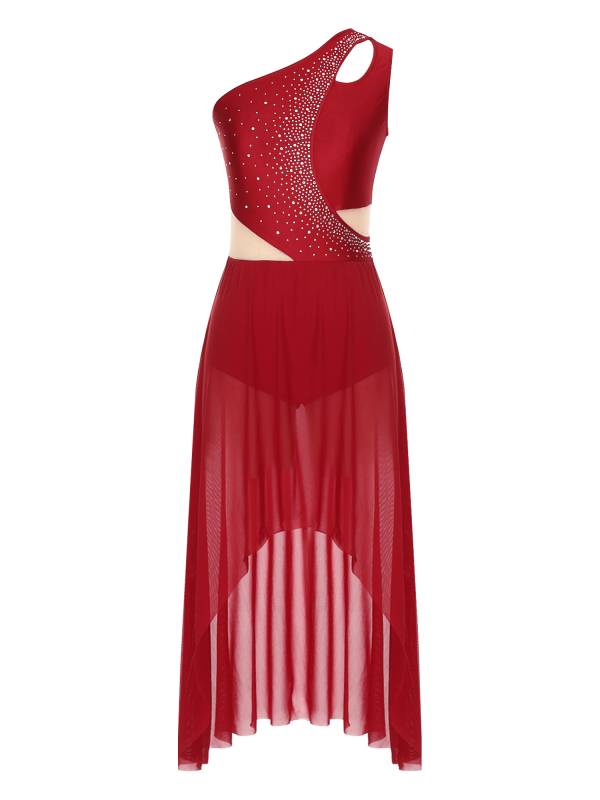 Women One Shoulder Sleeveless High-Low Flowy Mesh Lyrical Dance Dress thumb