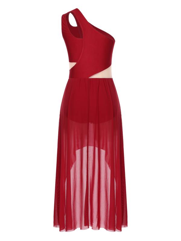 Women One Shoulder Sleeveless High-Low Flowy Mesh Lyrical Dance Dress thumb