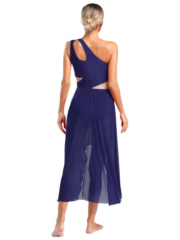 Women One Shoulder Sleeveless High-Low Flowy Mesh Lyrical Dance Dress thumb