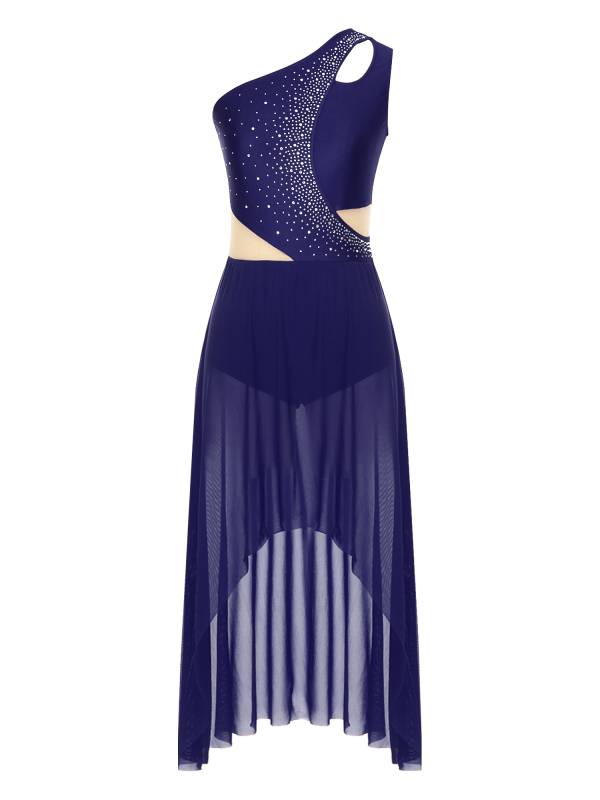 Women One Shoulder Sleeveless High-Low Flowy Mesh Lyrical Dance Dress thumb