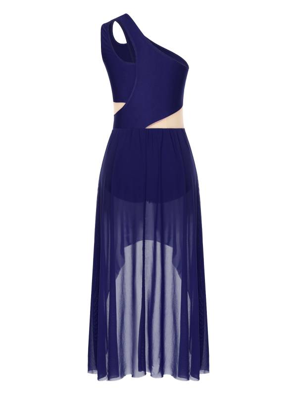 Women One Shoulder Sleeveless High-Low Flowy Mesh Lyrical Dance Dress thumb