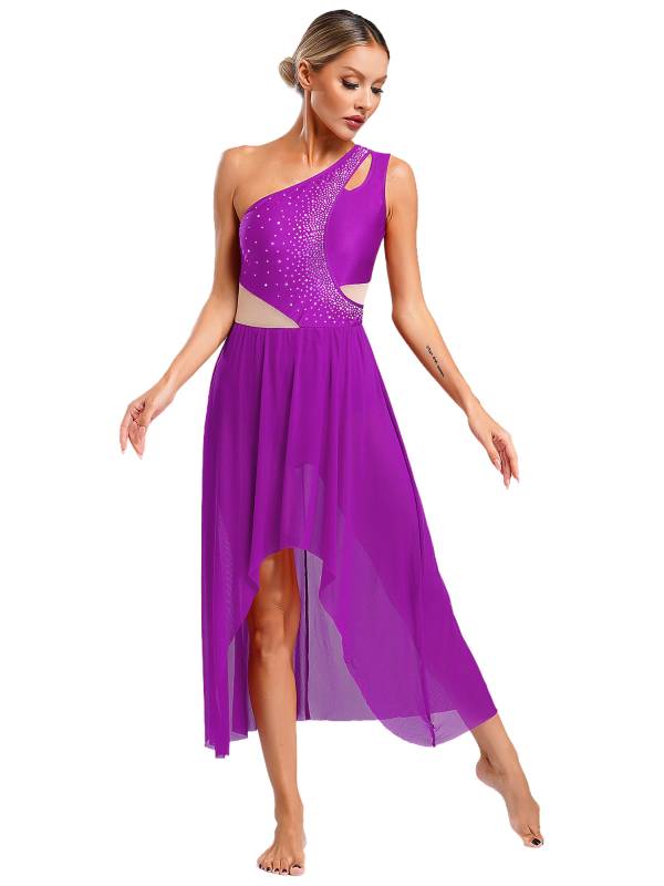 Women One Shoulder Sleeveless High-Low Flowy Mesh Lyrical Dance Dress thumb
