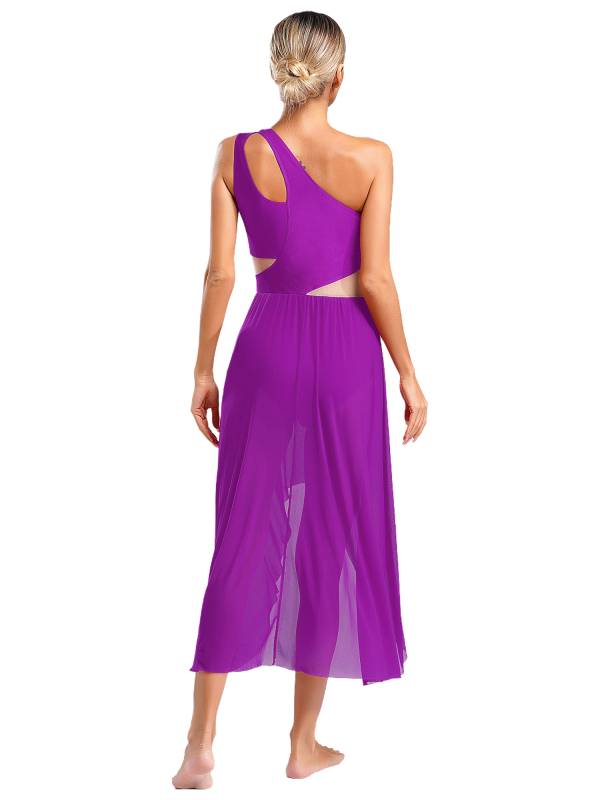 Women One Shoulder Sleeveless High-Low Flowy Mesh Lyrical Dance Dress thumb