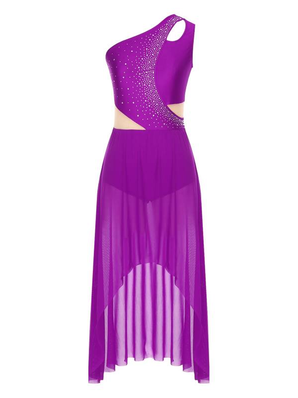 Women One Shoulder Sleeveless High-Low Flowy Mesh Lyrical Dance Dress thumb