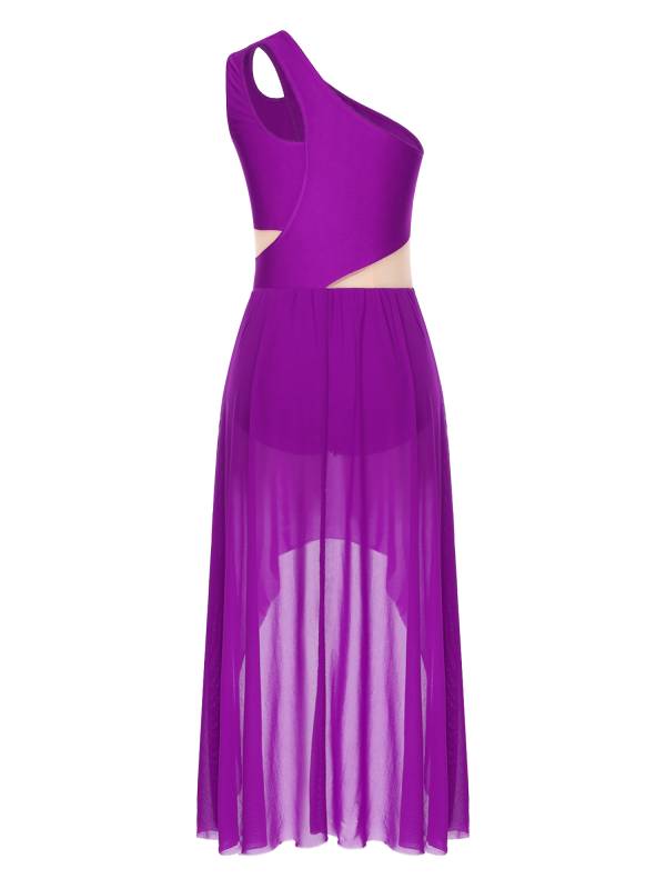 Women One Shoulder Sleeveless High-Low Flowy Mesh Lyrical Dance Dress thumb
