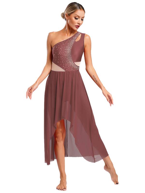 Women One Shoulder Sleeveless High-Low Flowy Mesh Lyrical Dance Dress thumb