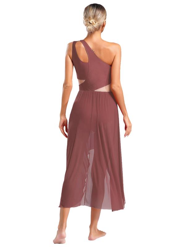Women One Shoulder Sleeveless High-Low Flowy Mesh Lyrical Dance Dress thumb