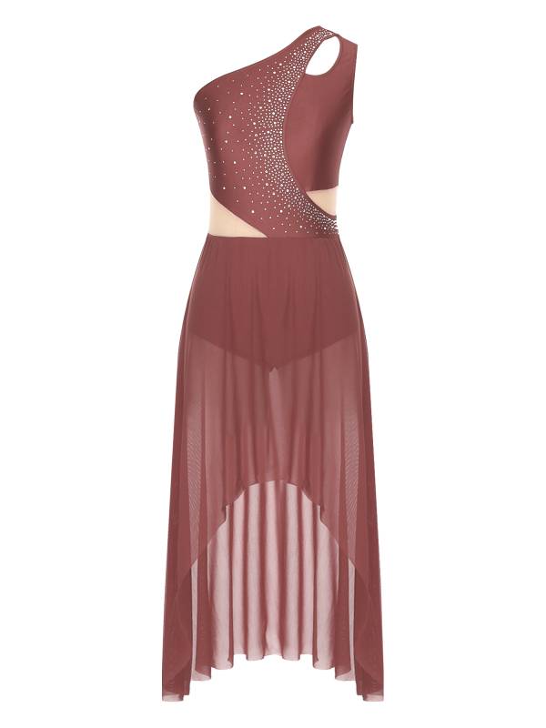 Women One Shoulder Sleeveless High-Low Flowy Mesh Lyrical Dance Dress thumb