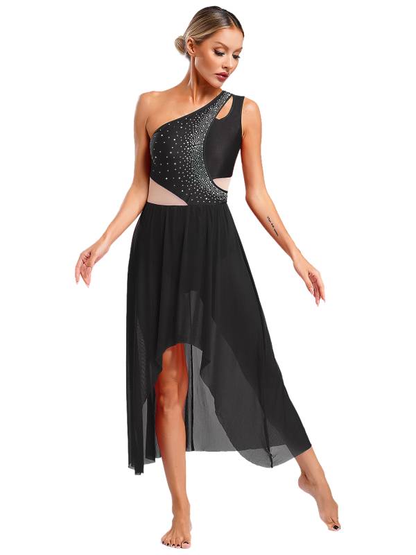 Women One Shoulder Sleeveless High-Low Flowy Mesh Lyrical Dance Dress thumb