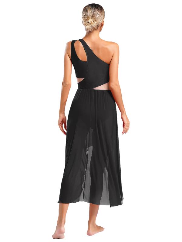 Women One Shoulder Sleeveless High-Low Flowy Mesh Lyrical Dance Dress thumb