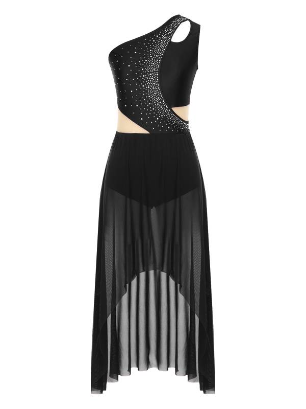 Women One Shoulder Sleeveless High-Low Flowy Mesh Lyrical Dance Dress thumb