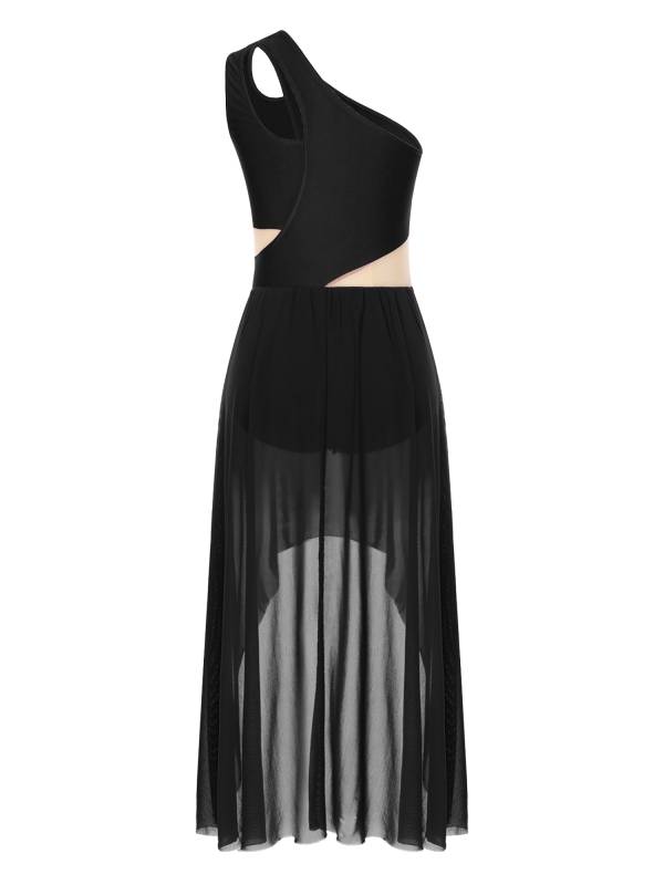 Women One Shoulder Sleeveless High-Low Flowy Mesh Lyrical Dance Dress thumb
