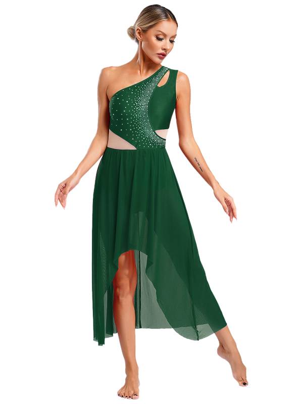 Women One Shoulder Sleeveless High-Low Flowy Mesh Lyrical Dance Dress thumb