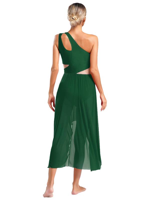 Women One Shoulder Sleeveless High-Low Flowy Mesh Lyrical Dance Dress thumb