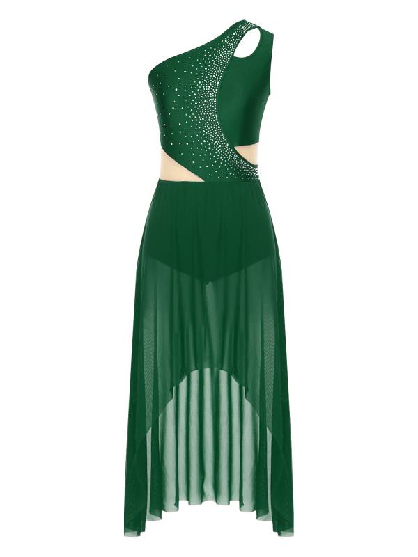 Women One Shoulder Sleeveless High-Low Flowy Mesh Lyrical Dance Dress thumb
