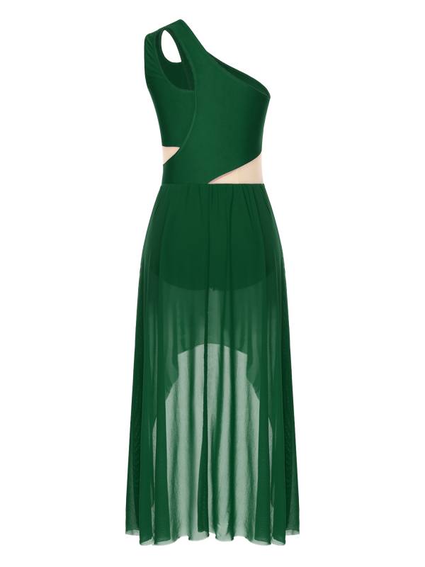 Women One Shoulder Sleeveless High-Low Flowy Mesh Lyrical Dance Dress thumb