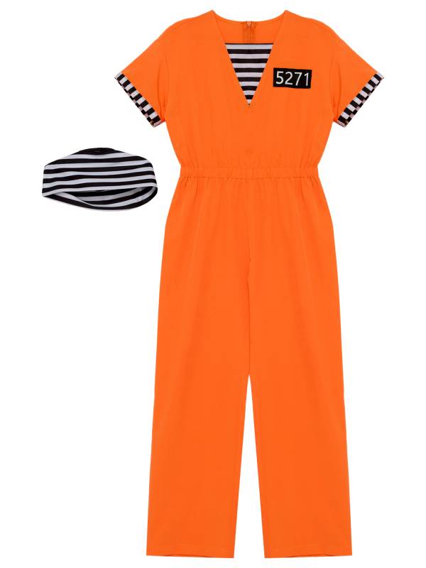 Kids Short Sleeve Back Zipper Prisoner Costume Jumpsuit with Hat thumb