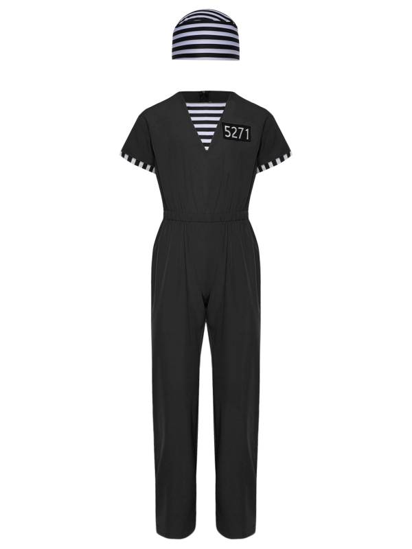 Kids Short Sleeve Back Zipper Prisoner Costume Jumpsuit with Hat thumb