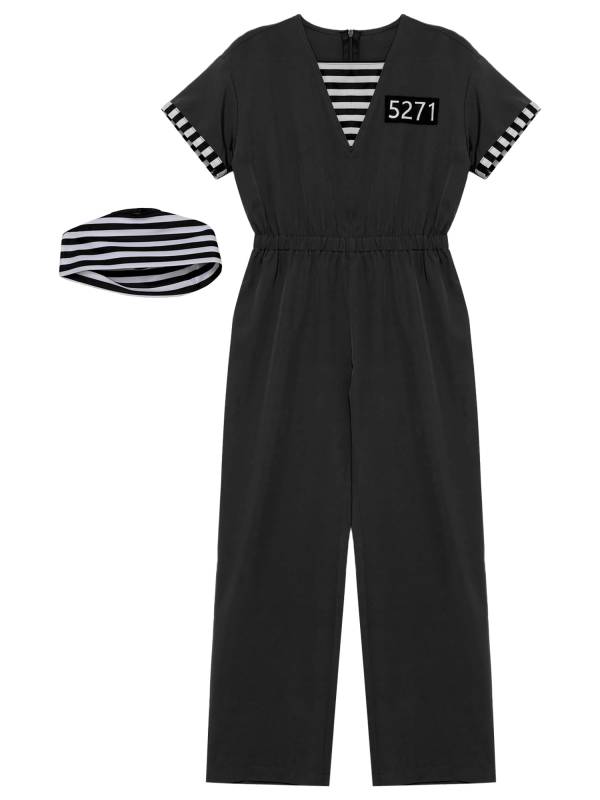 Kids Short Sleeve Back Zipper Prisoner Costume Jumpsuit with Hat thumb