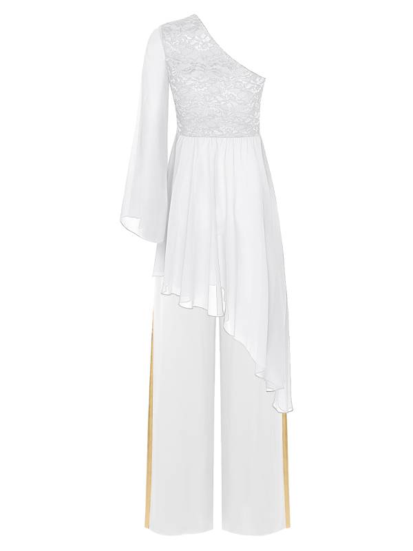 Women 2pcs One Shoulder Asymmetrical Dress and Wide-Leg Pants Dance Set thumb