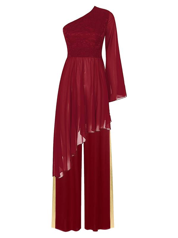 Women 2pcs One Shoulder Asymmetrical Dress and Wide-Leg Pants Dance Set thumb