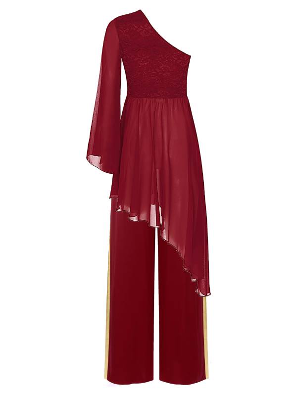 Women 2pcs One Shoulder Asymmetrical Dress and Wide-Leg Pants Dance Set thumb