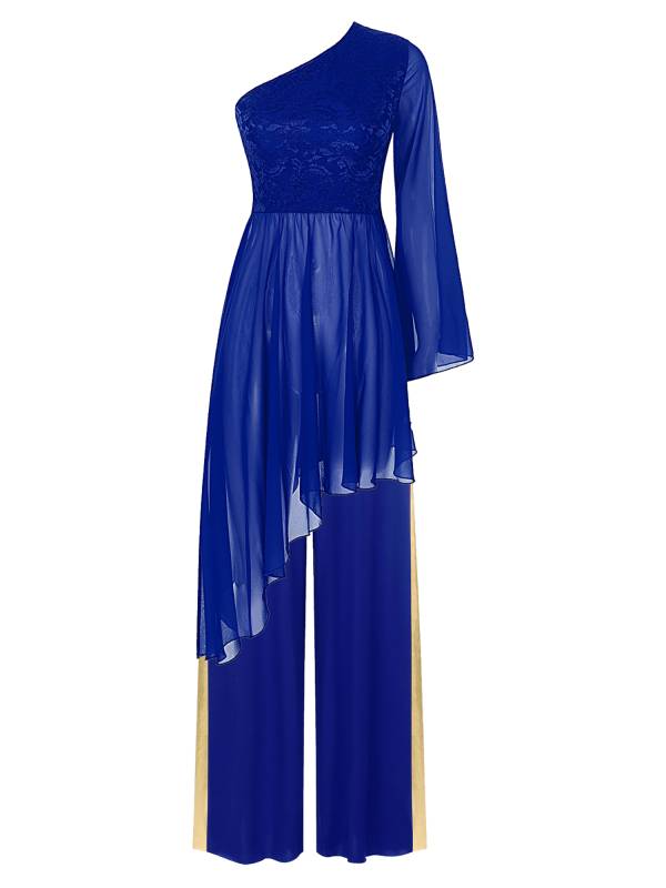 Women 2pcs One Shoulder Asymmetrical Dress and Wide-Leg Pants Dance Set thumb