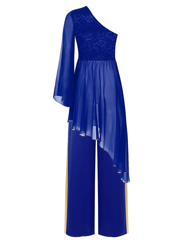 Women 2pcs One Shoulder Asymmetrical Dress and Wide-Leg Pants Dance Set thumb
