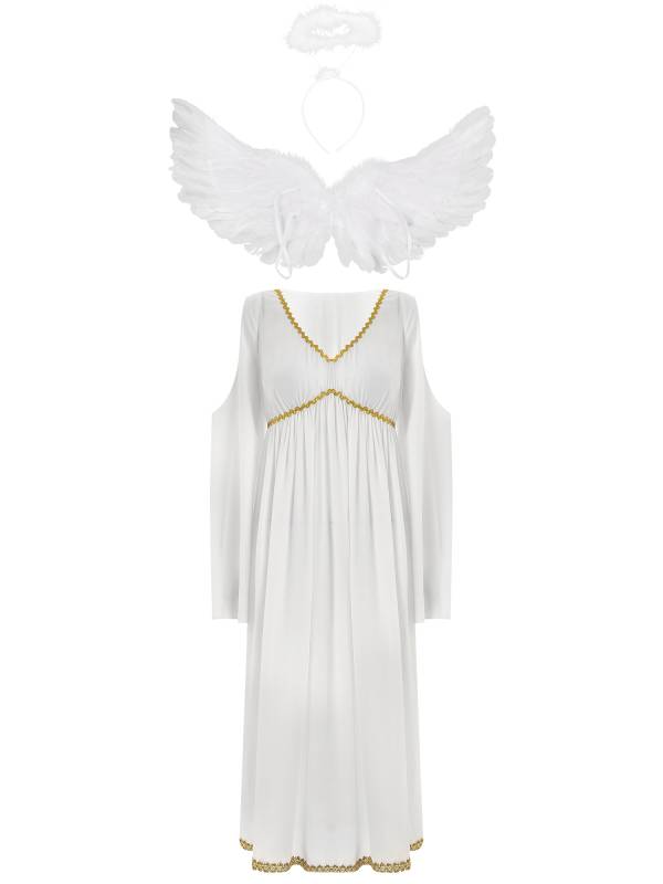 Women Angel Costume V Neck Cold Shoulder Chiffon Dress with Feather Wings thumb