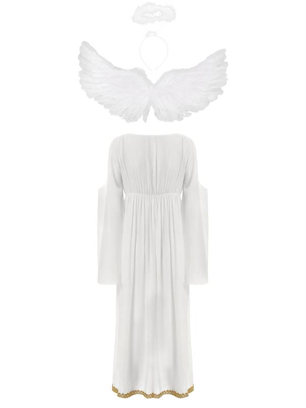 Women Angel Costume V Neck Cold Shoulder Chiffon Dress with Feather Wings thumb
