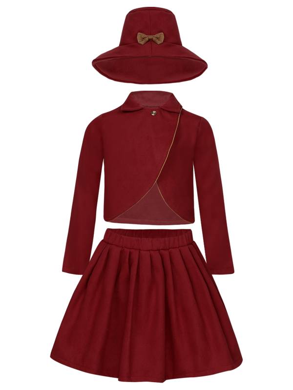 Kids Girls 3pcs Long Sleeve Lapel Coat and Pleated Skirt with Hat Party Set thumb