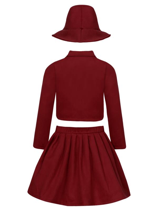 Kids Girls 3pcs Long Sleeve Lapel Coat and Pleated Skirt with Hat Party Set thumb