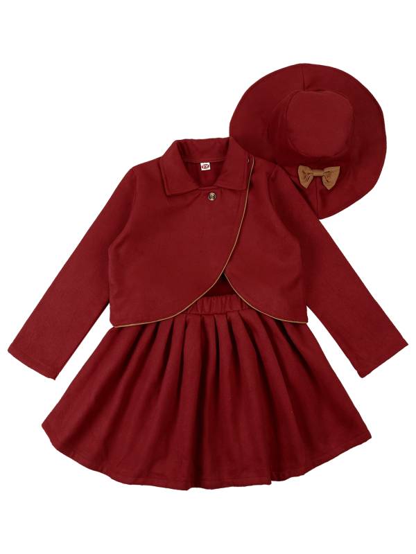 Kids Girls 3pcs Long Sleeve Lapel Coat and Pleated Skirt with Hat Party Set thumb