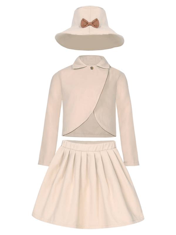 Kids Girls 3pcs Long Sleeve Lapel Coat and Pleated Skirt with Hat Party Set thumb