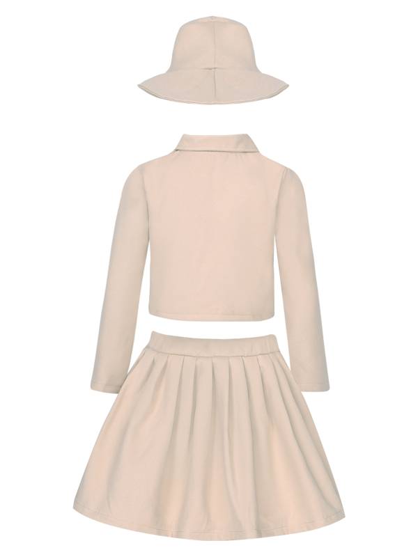 Kids Girls 3pcs Long Sleeve Lapel Coat and Pleated Skirt with Hat Party Set thumb