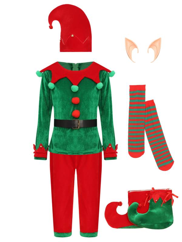 Boys 7pcs Top with Pants Stockings and Shoes Covers Christmas Elf Costume Set thumb